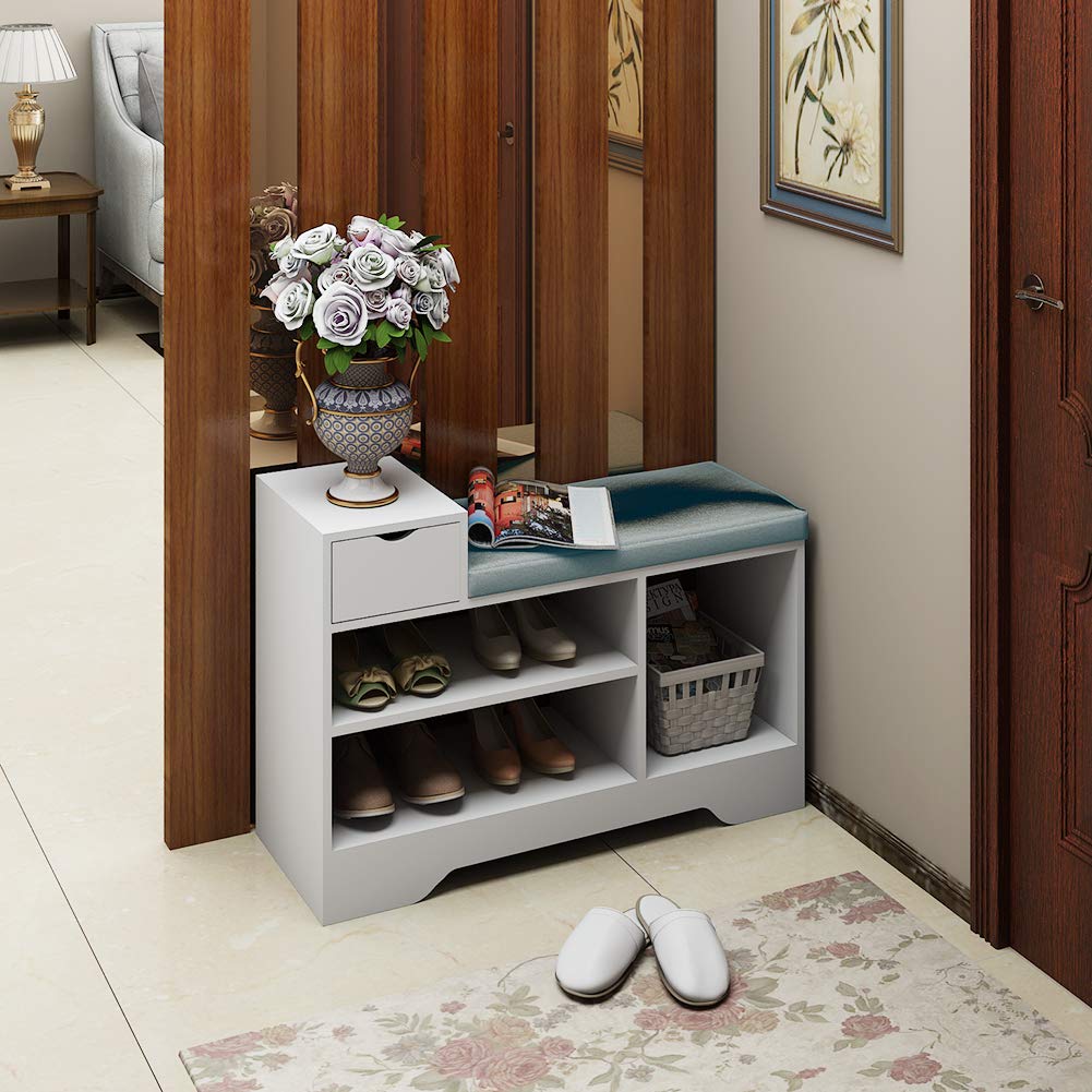 Vanimeu White 3 Tier Shoe Racks Storage Bench with Seat Cushion and Drawer Hall Bench Entryway