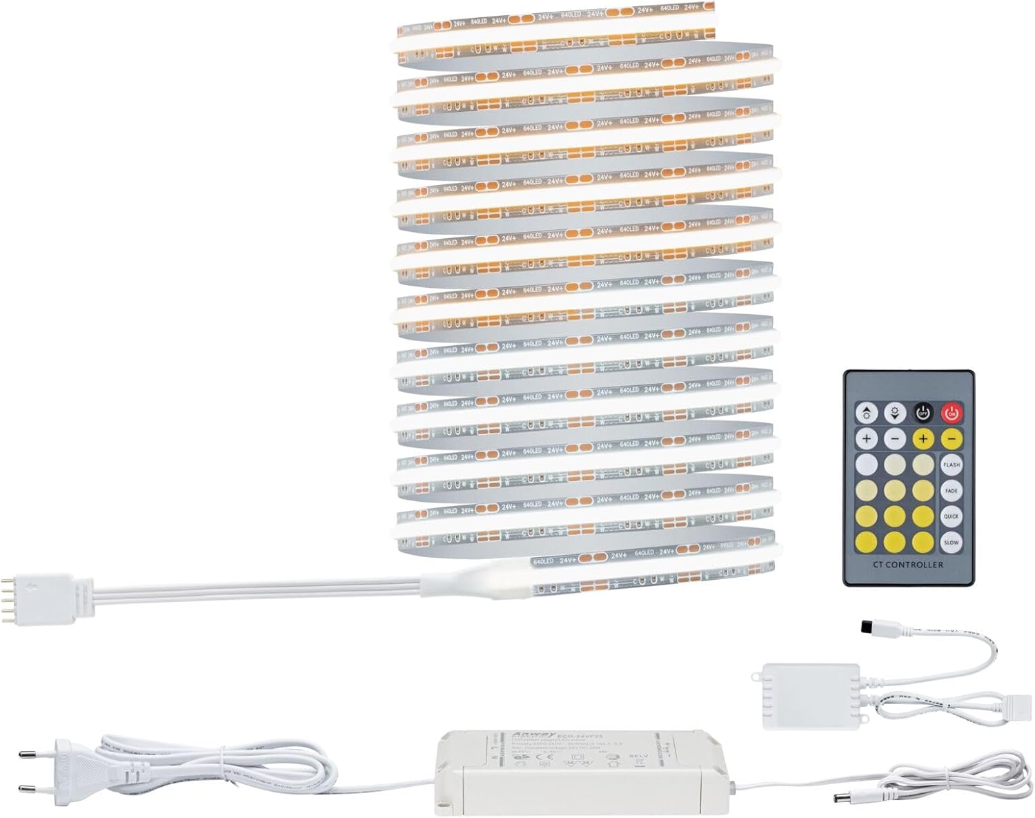 Paulmann MaxLED 500 Full-Line COB LED strip, remote control, and power supply components laid out, showing the remote with various buttons for power, brightness, and color temperature adjustment.