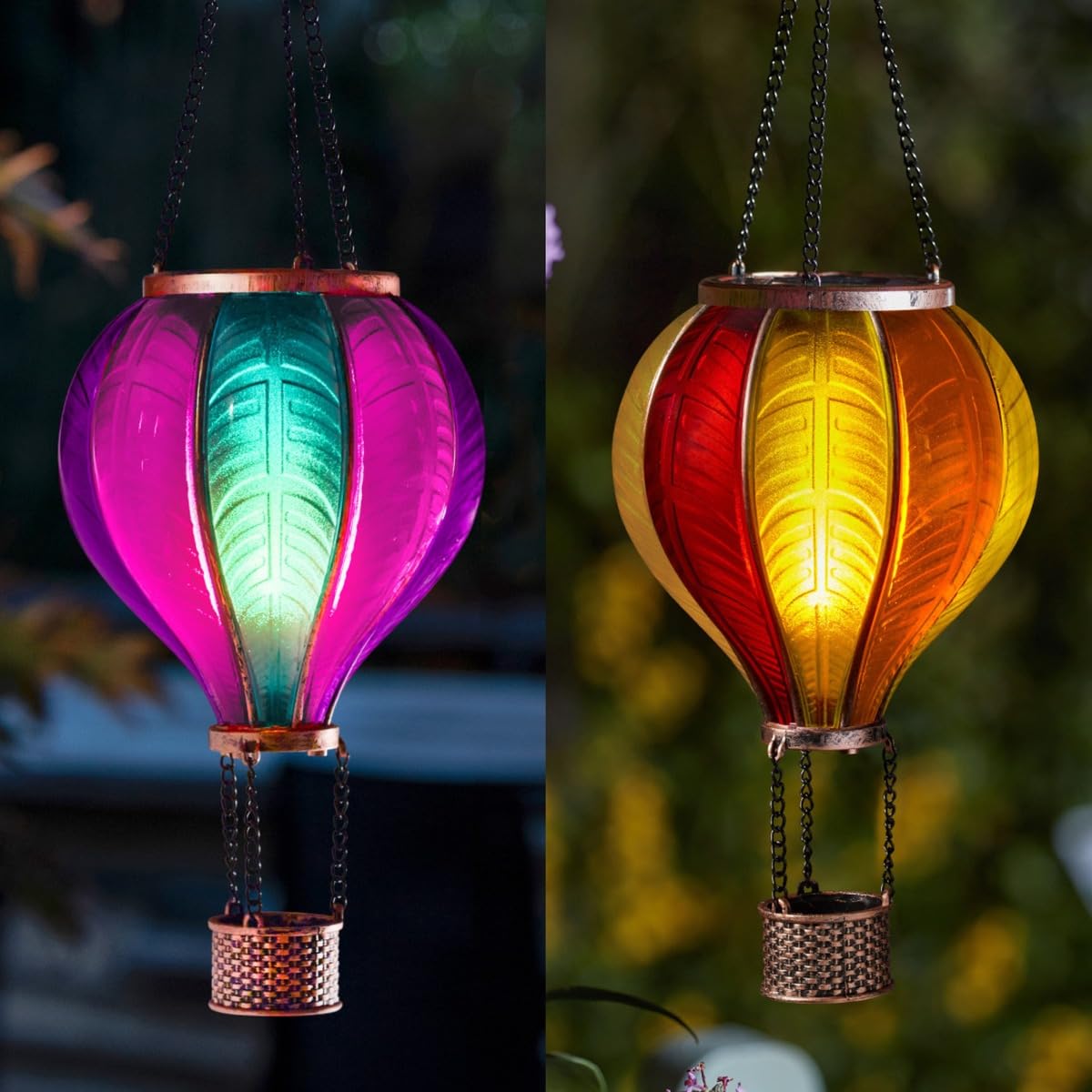 Festive Lights - 45 cm Solarbetriebene Aurora & Sunset Stain Cool Fiesta Realistische Flamme Außen Hängende SMD LED Heißluftballon Laternen - Mehrfarbige Glaseffekt Flammende Gartenleuchten mit