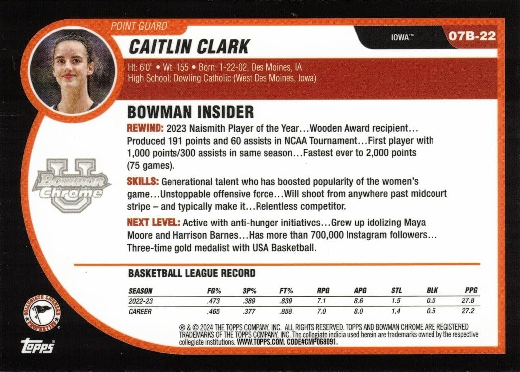 2023-24 Bowman University Chrome 2007-08 X-Fractor #07B-22 Caitlin Clark Basketball Card Iowa