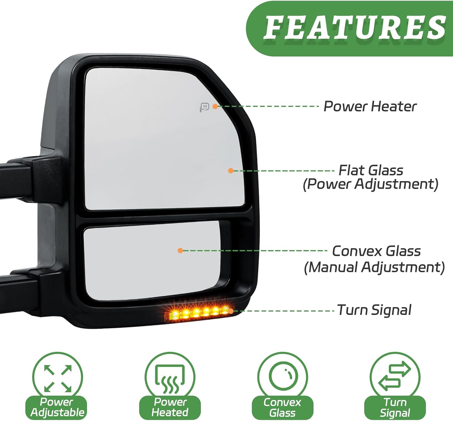 PZ Towing Mirrors Driver & Passenger Pair Set For 99-07 F250/F350/F450/F550 Super Duty, 01-05 Excursion Black Cap Power Heated With Amber Signal Light