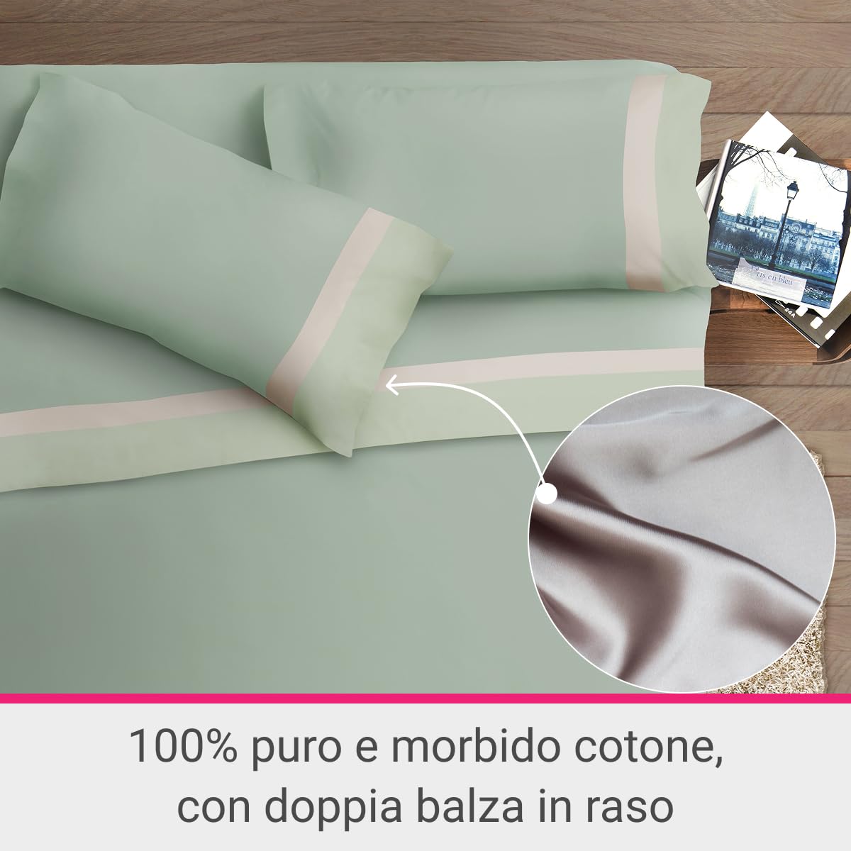 Ipersan Set Completo Lenzuola Matrimoniali, 100% Cotone, 1 Lenzuolo da sopra 260x290cm + 1 Lenzuolo da sotto 180x200cm + 2 Federe 83x52cm, con Doppia Balza in Raso, Made in Europe