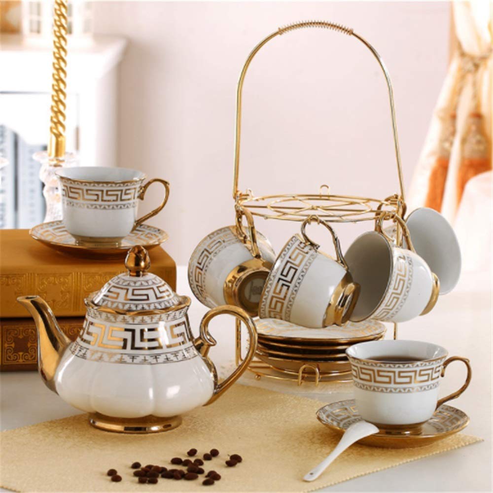 Juego de Taza de té y café de Estilo Europeo, Juego de Taza de té de cerámica Que Incluye 6 Hermosas Tazas de té y cucharas con 1 Soporte de Tetera de Metal.