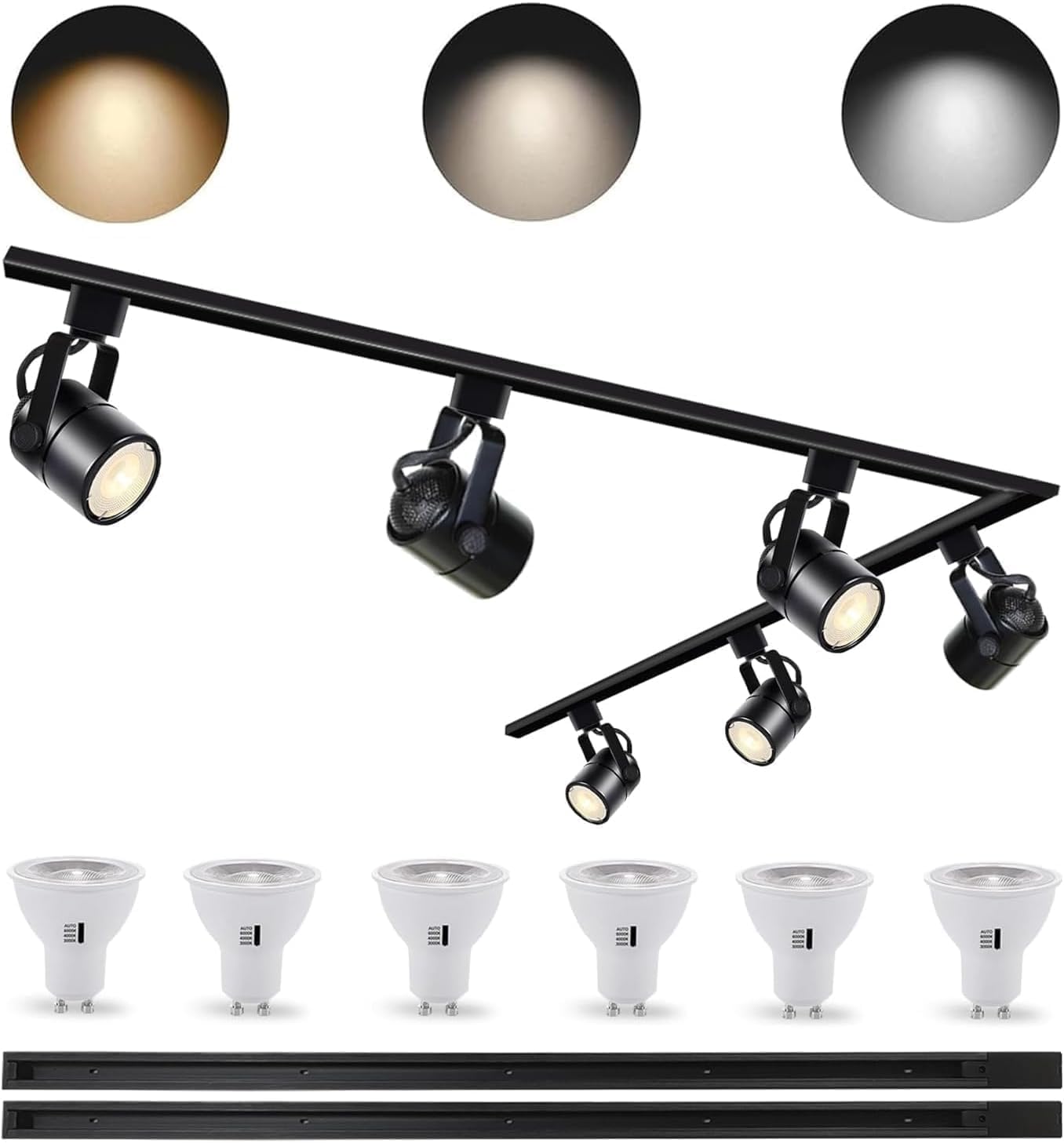 Set di Illuminazione LED Nero Regolabile di Luminosità Bravsekai, Testa per Binario GU10 10W 3CCT con 2x1m Binario Tipo H, 3000K/4000K/6000K Regolabili, Faretti da Soffitto Commerciali con 6 Lampade G