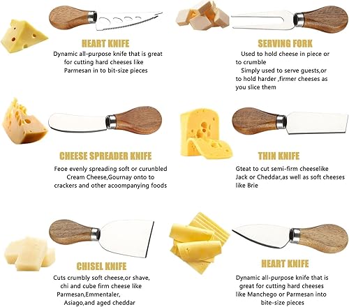Miniatura 4 de Juego de 21 cuchillos de queso de acero inoxidable con mango de madera con mini pinzas para servir, cucharas y tenedores