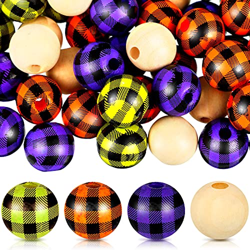 100 Pieces Halloween Wood Beads Buffalo Plaid Beads Plaid Wood Beads Rustic Farmhouse Wood Beads Natural Handmade Wood Round Beads Print Polished Spacer Beads for DIY Crafts Home (Classic Colors)