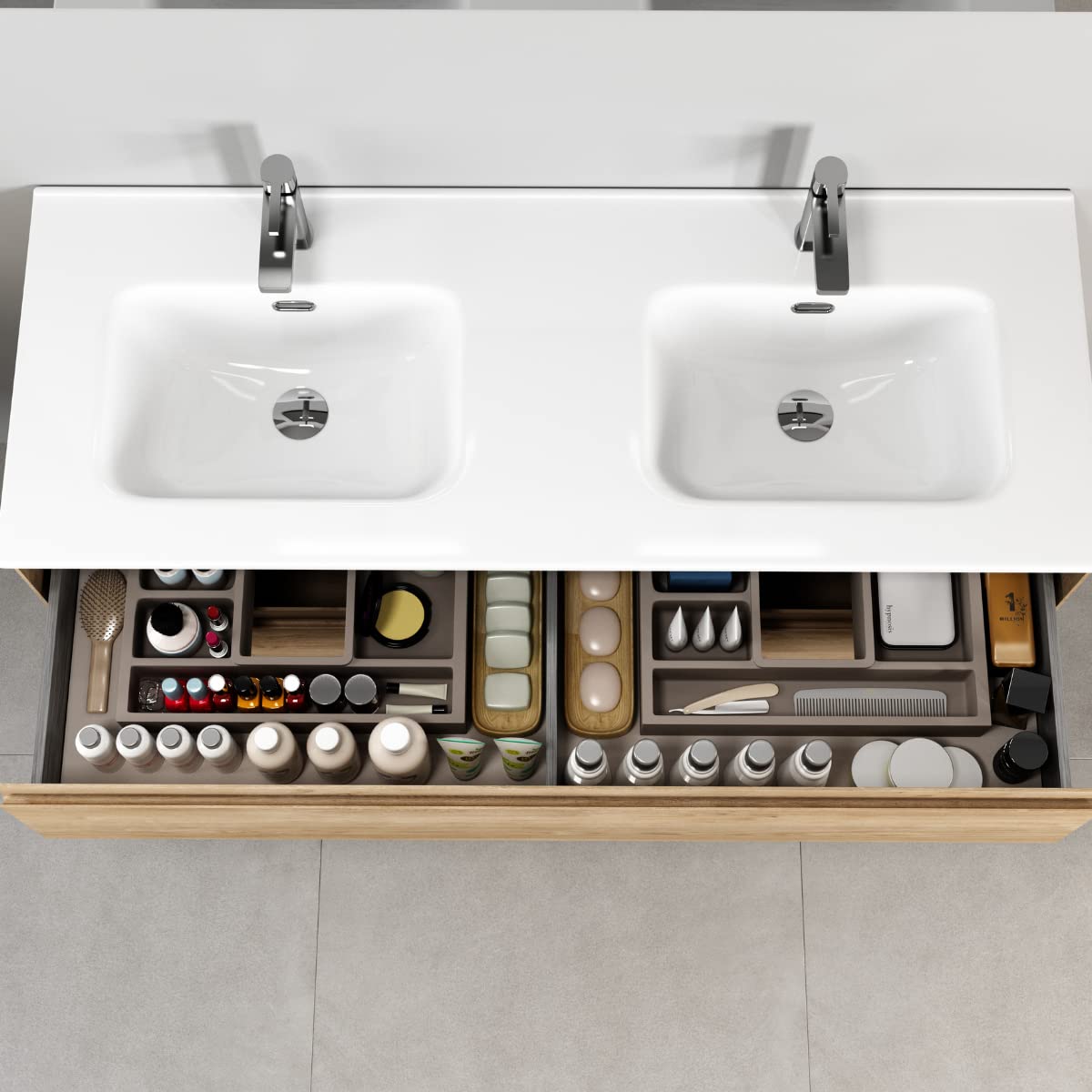Mueble de Baño Suspendido 120cm con Lavabo Cerámico 2 Senos | Mueble Baño Colgado Pared con Lavabo Doble Seno de 2 Cajones con Cierre Amortiguado y Organizador (Roble Natural)