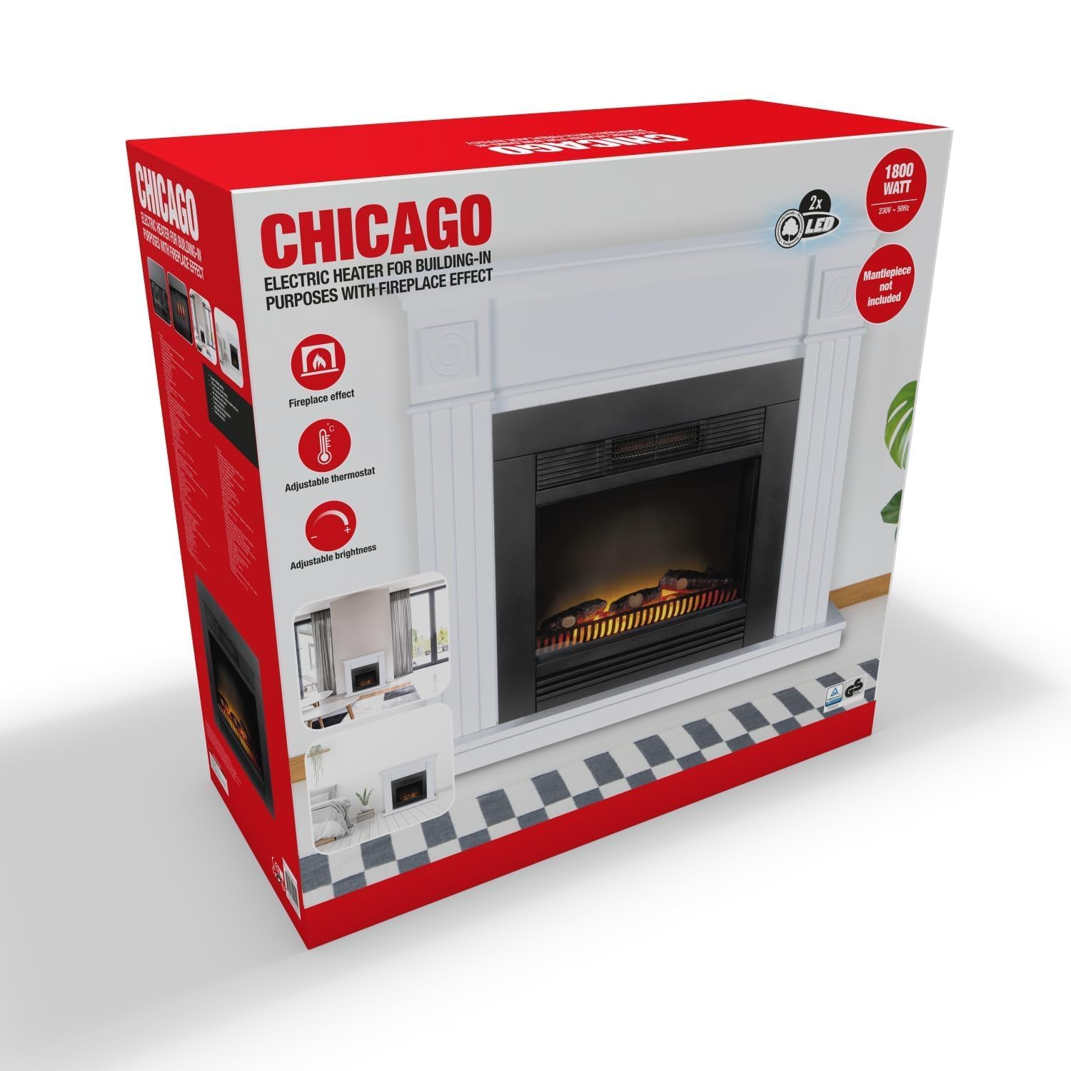 Chicago Camineo Elettrico - Caminetto Elettrico con Riscaldamento, Pannello di Controllo e Timer - Stufa Elettrica con Fiamme LED - 1800W - Modello da Incasso - Nero