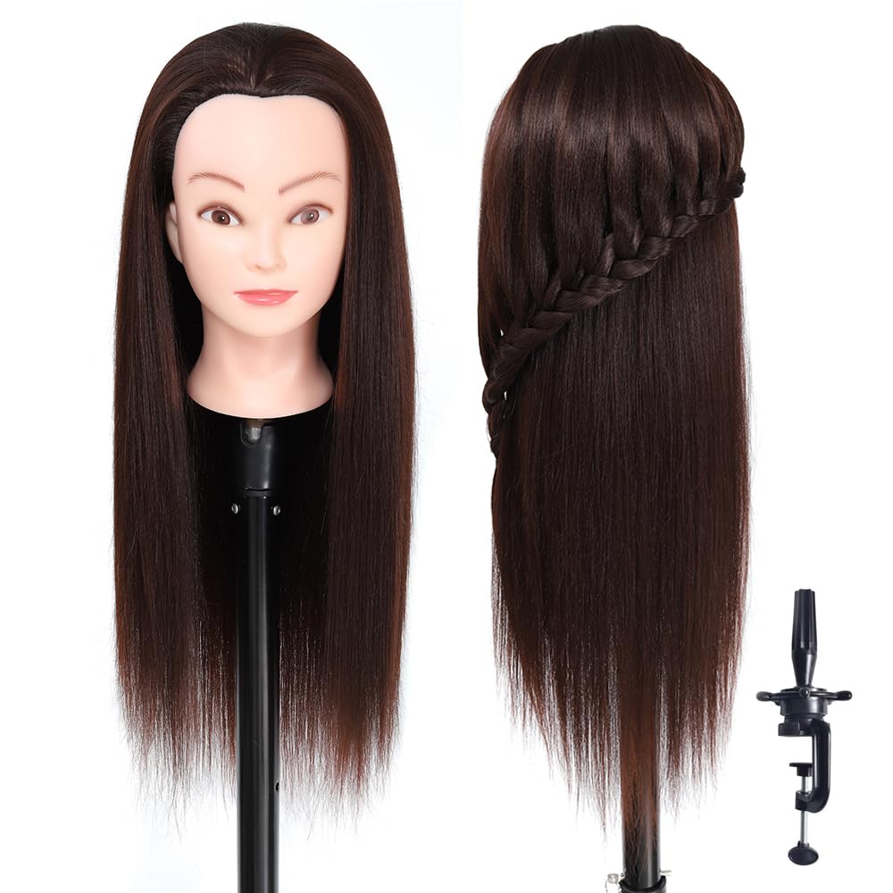 Training Kopf, 26-28" 100% synthetische Faser lange Haare Friseur Kosmetologie Schaufensterpuppe Puppen Kopf für Stying Üben mit kostenlosen Klemme Flechten Set (04)