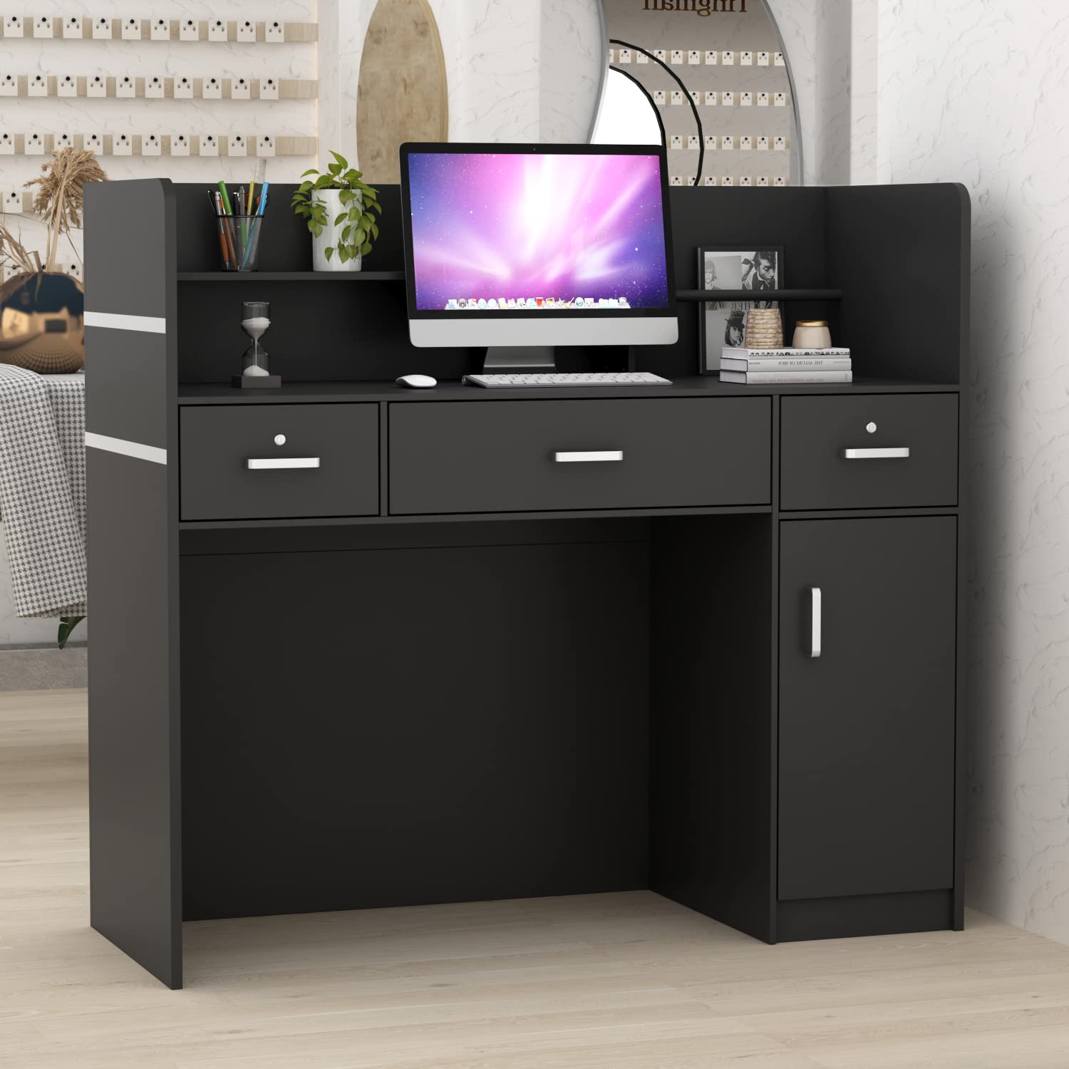 Bancone reception, tavolo bancone, bancone negozio banco vendita tavolo vendita, mobili ufficio mobili reception con 3 cassetti e 1 mobile, 110 X 120 X 48 cm, nero