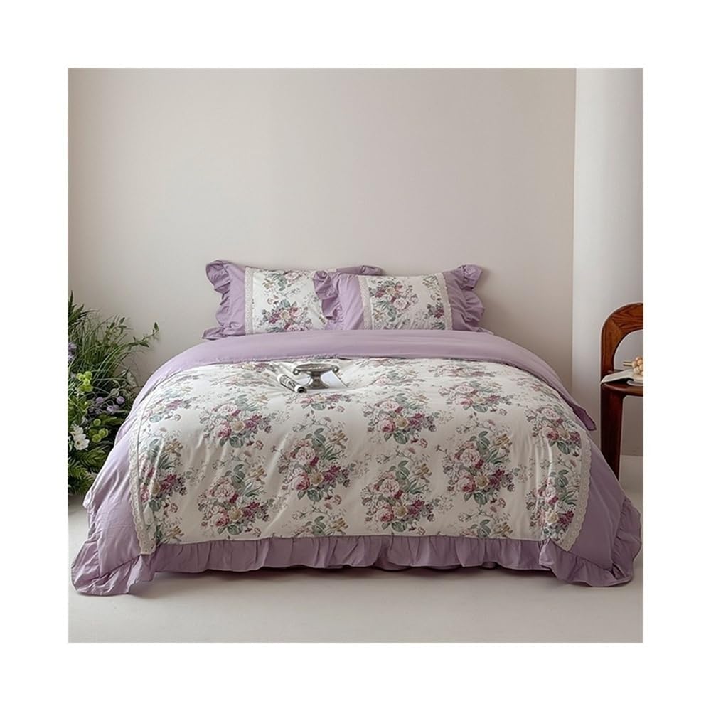 Parure de lit 4 pièces chic en coton violet avec cache-sommier à volants