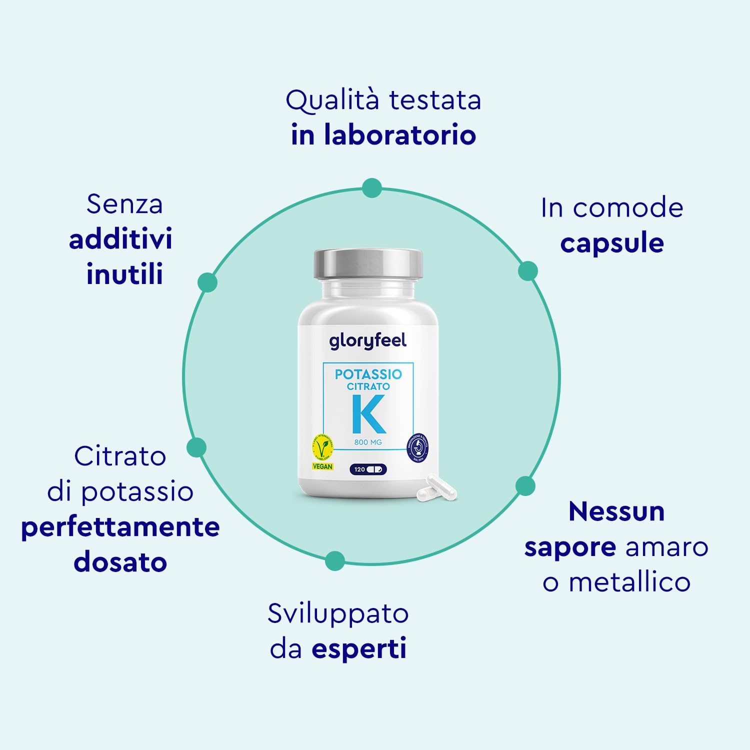 Potassio 120 Capsule (2 Mesi) - 800mg Potassio Elementare (Citrato) alto Dosaggio - Per Pressione Sanguigna, Funzione Muscolare e Sistema Nervoso* - Vegano, Testato in Laboratorio e senza Additivi
