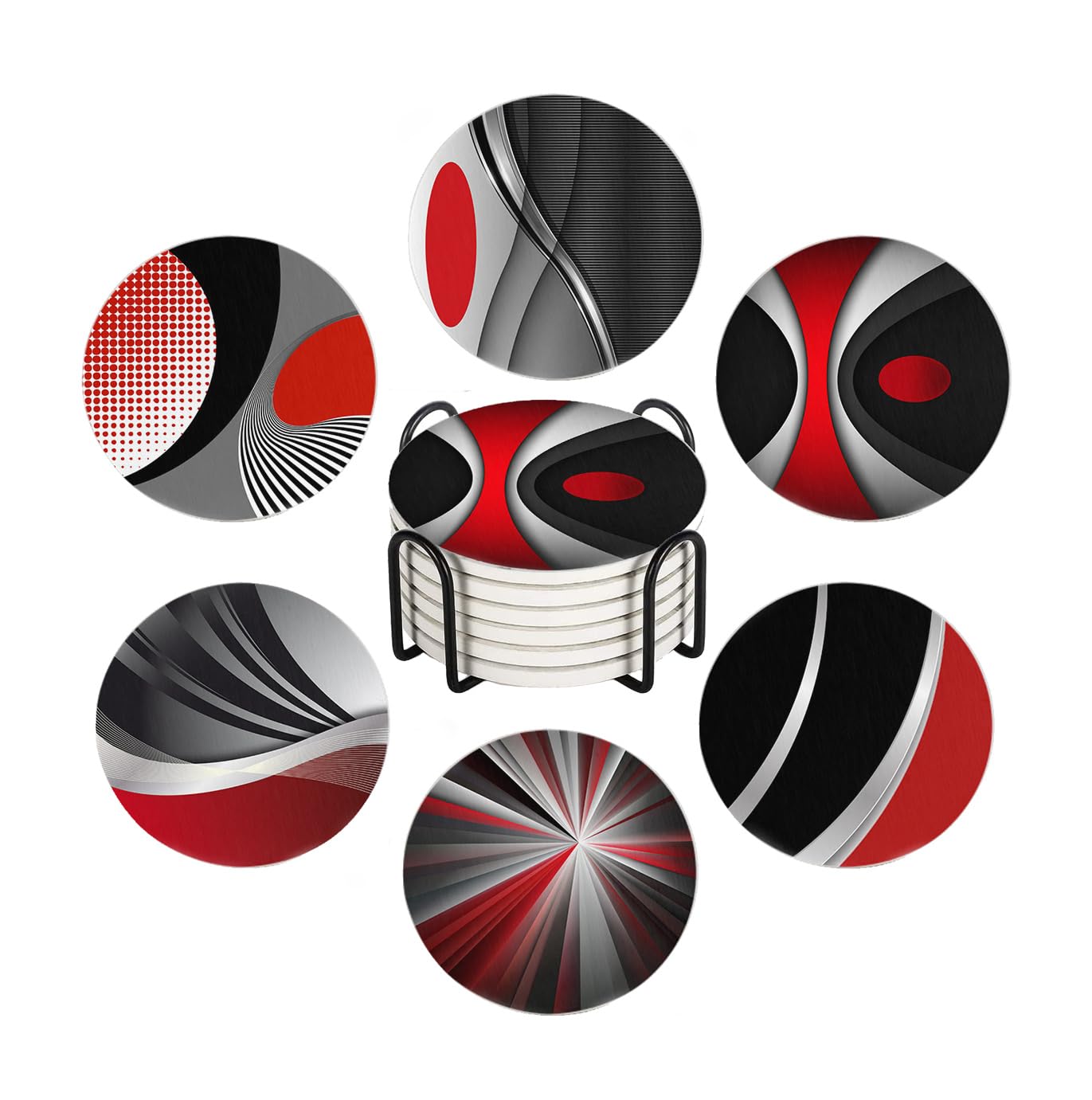 WWOOPLL Drink Coasters Set of 6, Modern Red and Black Geometric Absorbent Round Ceramic Stone Mat Coaster, with Cork Base and Metal Holder, Anti-Slip Cork Bottom for Mugs and Glasses
