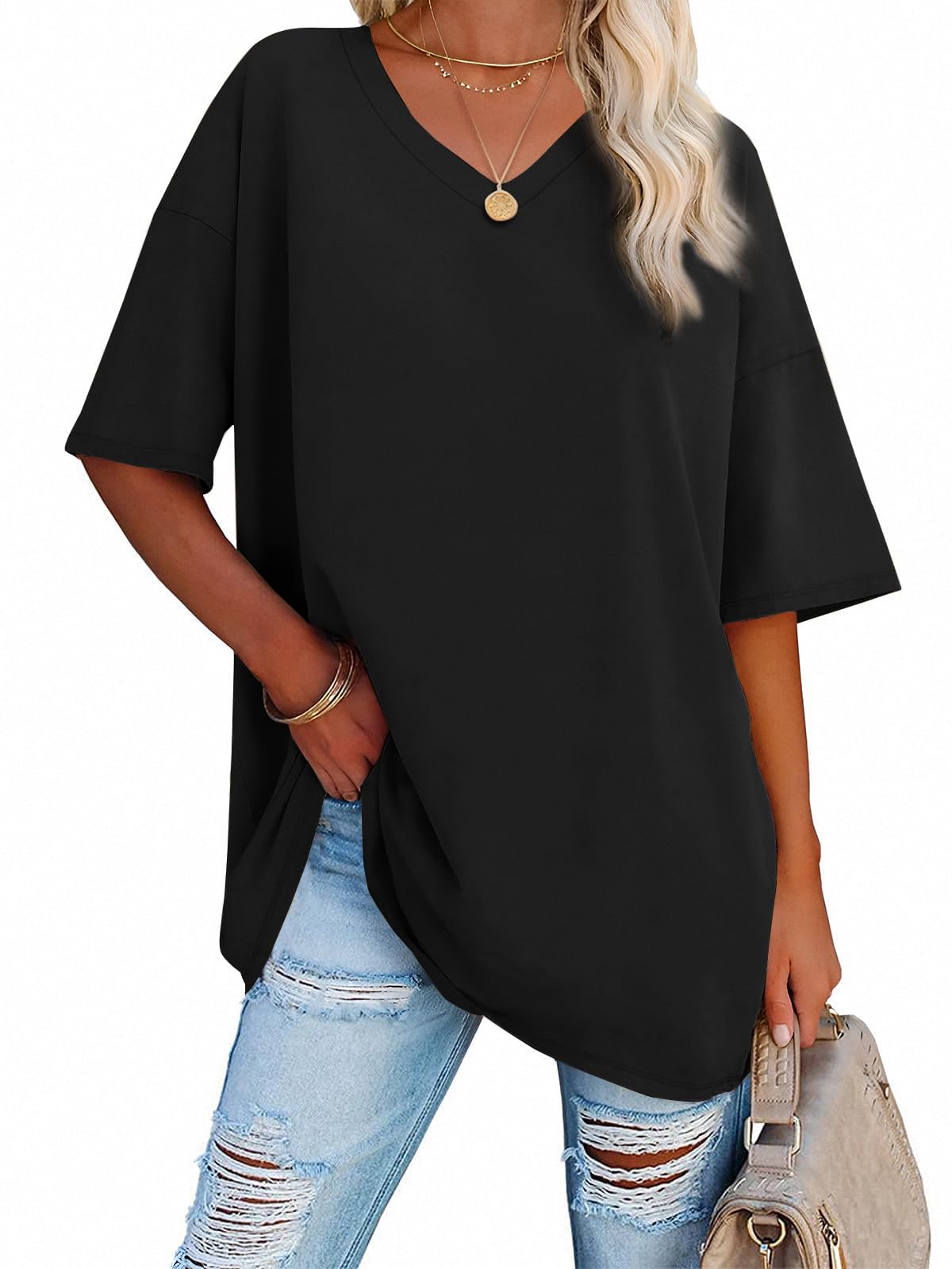 iudam Oversize T Shirt Damen mit V-Ausschnitt Sommer Longshirt Kurzarm Übergroße Oberteil Locker Sport Tops Casual Tee Shirts Blusen,3XL,Schwarz