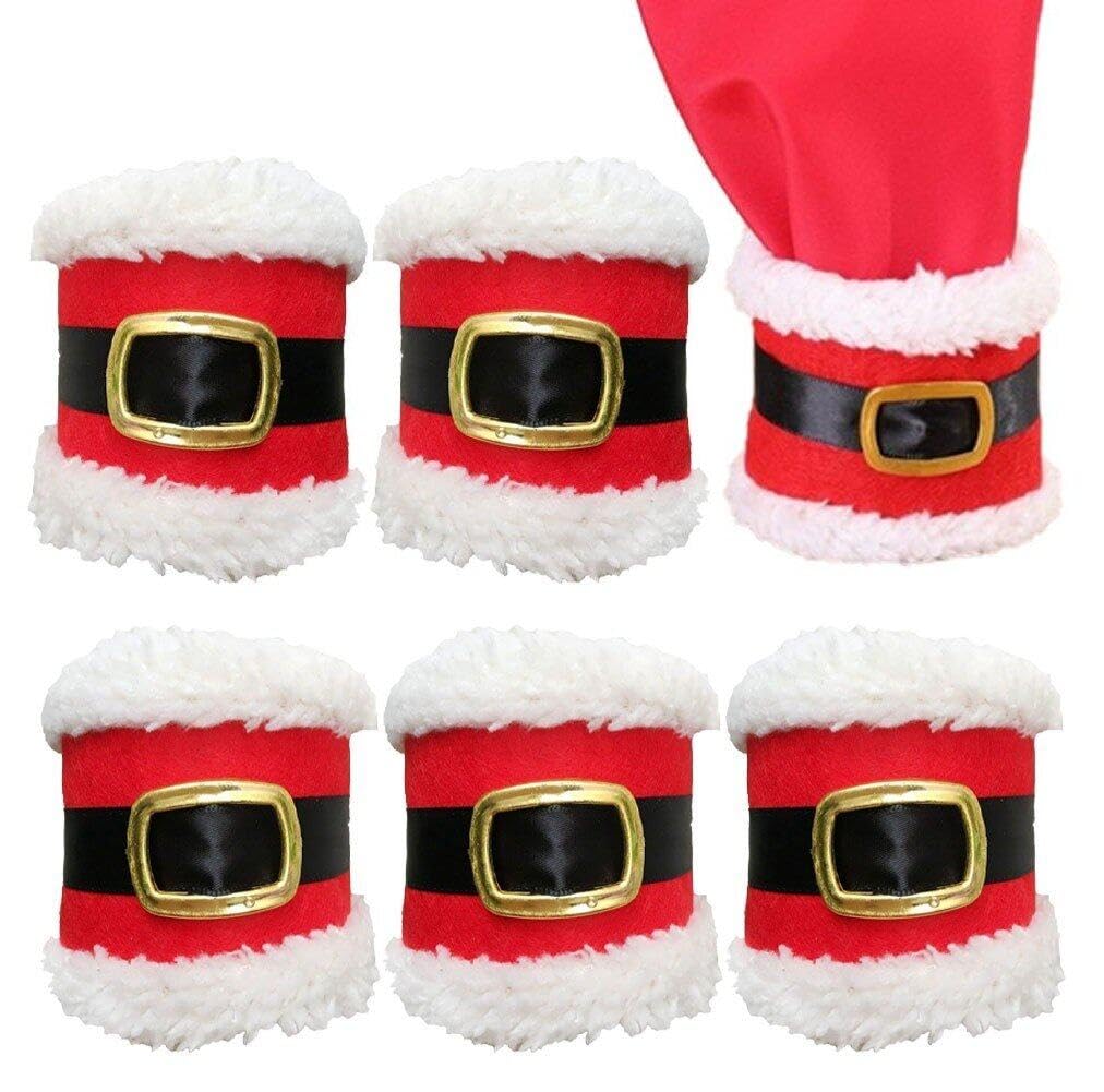 Baokuan Christmas Napkin Ring 6pcs Plush Santa Belt Napkin Holder Serviette Buckle for Christmas Table Decoration