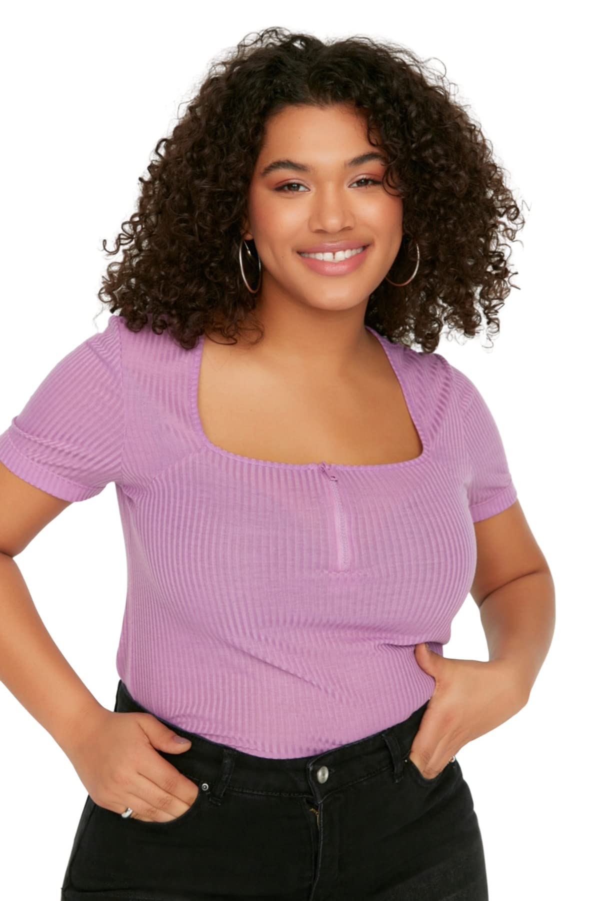 Trendyol Damen Flieder Fitted Bodycon Quadratischer Kragen Strick Plus Size Bluse, X-Large