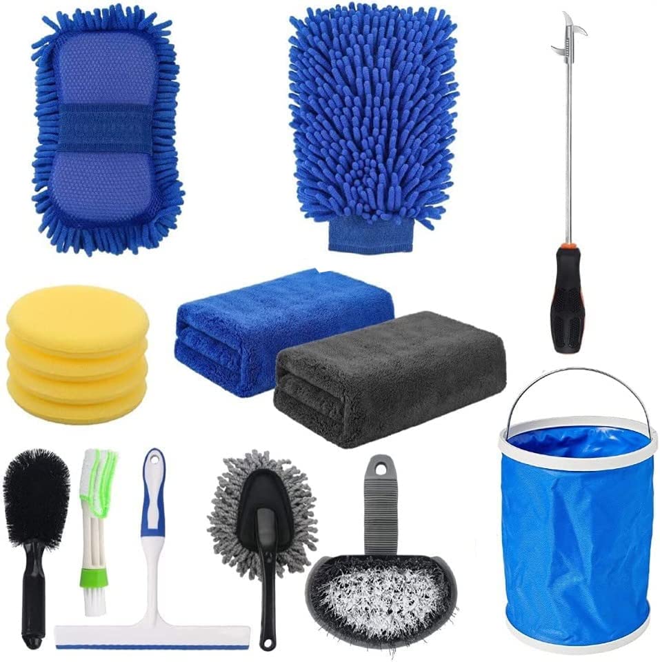 MIKUER Car Wash Cleaning Tools Kit Car Detailing Set with Bag Collapsible Bucket Wash Mitt Sponge Towels Tire Brush Window Scraper Duster Complete Interior Car Care Kit