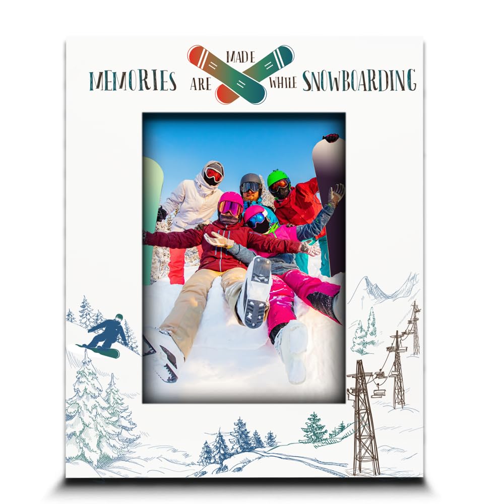 BELLA BUSTA-Snowboarding theme-Memories are Made While Snowboarding Picture Frame-Adventures, Family, Friends Mountains Vacation-UV Print (5x7 Vertical)