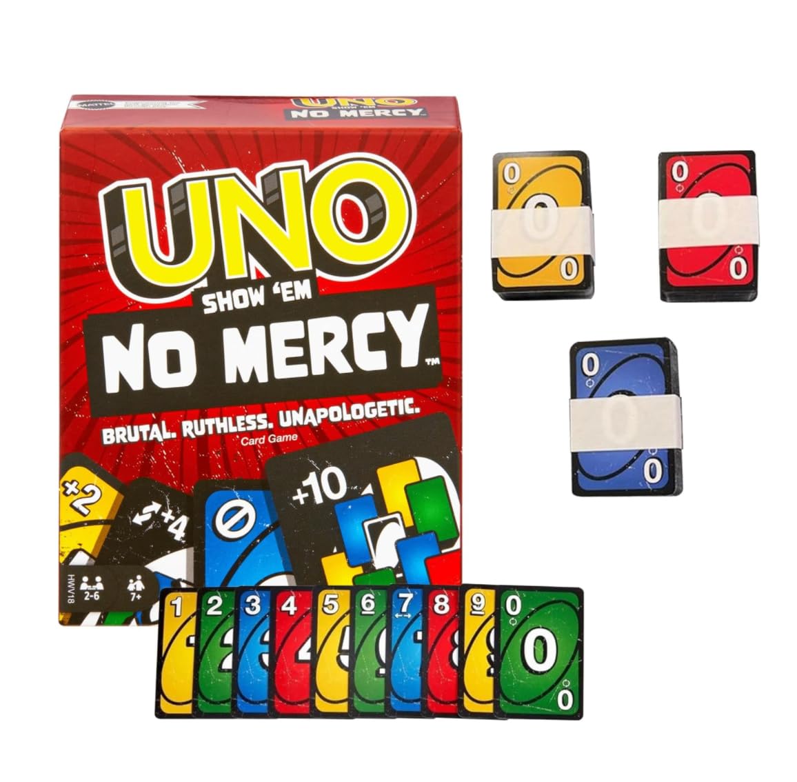 Xtacy UNO Mattel Games UNO Show 'em No Mercy Card Game for Kids, Adults & Family Night with Extra Cards, Special Rules & Tougher Penalties