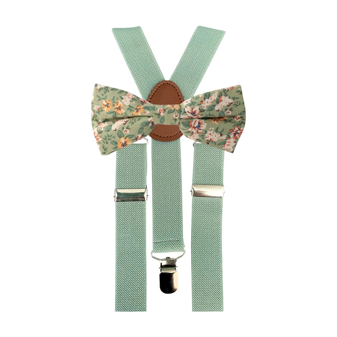 Children's Kids Boys Cotton Bow Tie & Braces Set (Green, Cream & Yellow Floral Bow Tie & Sage Eucalyptus/Sage Braces)