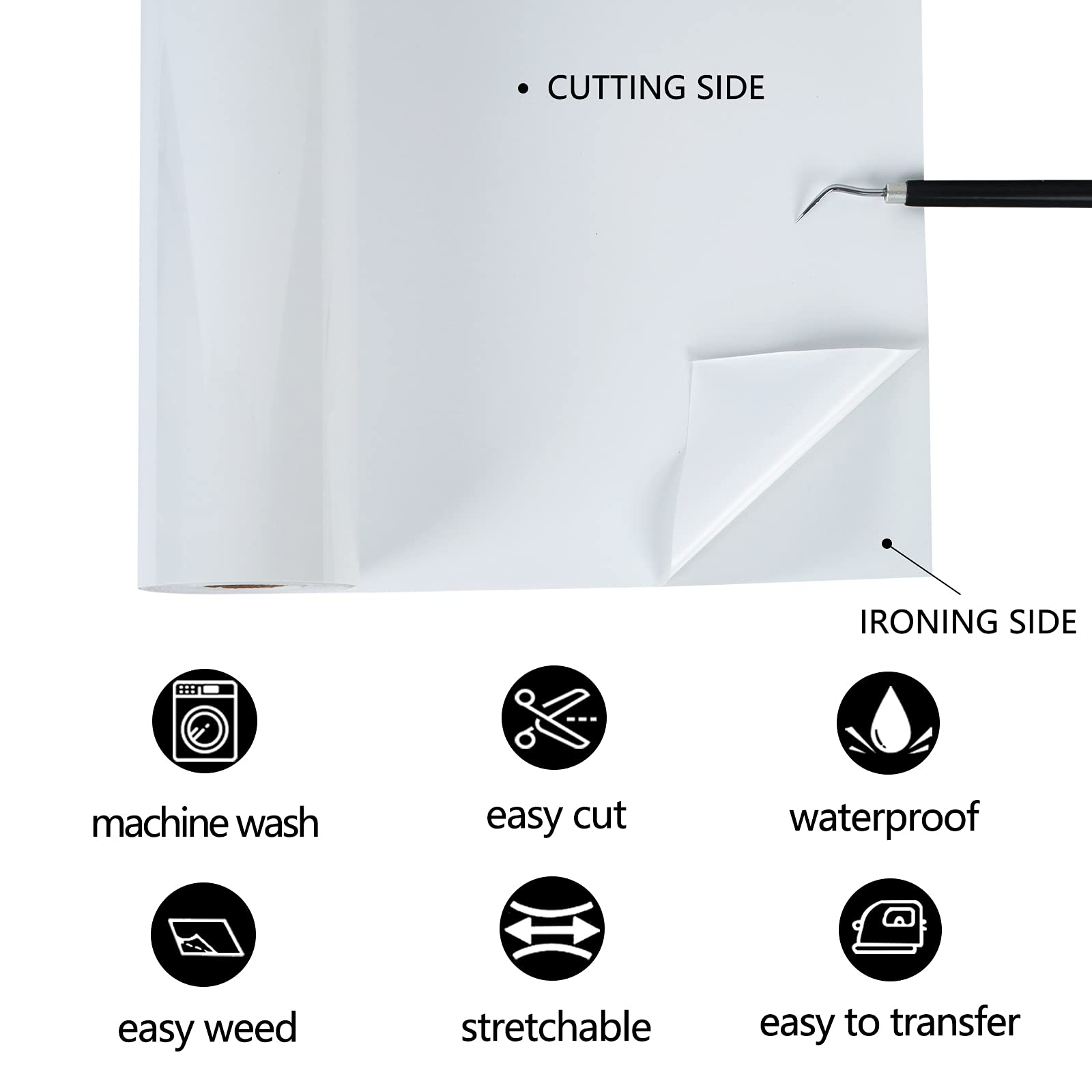 TUMIYA Vinilo HTV – Vinilo de transferencia de calor blanco de 12 pulgadas x 35 pies, vinilo adhesivo brillante para Cricut y Cameo, vinilo térmico fácil de cortar y diseñar (blanco)