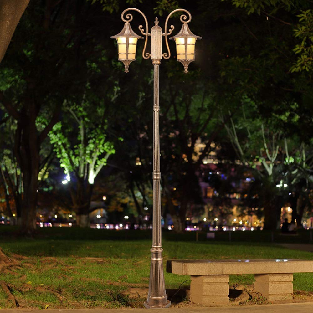 Palo Alto in Vetro Lanterna da Strada Europea Vintage Doppia Testa E27 Ottone Metallo Alluminio Lampada da palo IP54 Impermeabile Esterno Giardino Pilastro Luce Vialetto,Height 2.9m