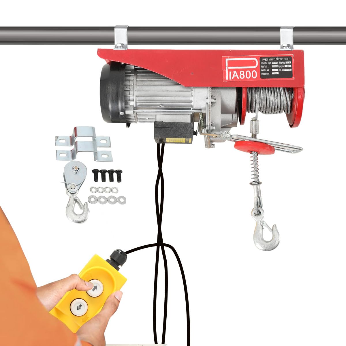 Elektrische Seilwinde, Seilzug Elektrisch 220V 1300W, Doppelseilzug 400 kg/800 kg 12m/6m Hubhöhe, mit Not-Aus & Überhitzungsschutz, Hebezug Motorwinde für Werkstatt Garage Baustelle