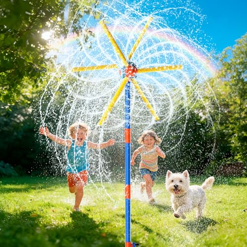 TERRAMUS Arroseur moulin à vent de 150 cm pour enfants Jouets d'été, Jouet d'eau à éclaboussures rotatif à 360°, Double face amélioré avec 6 pales,...