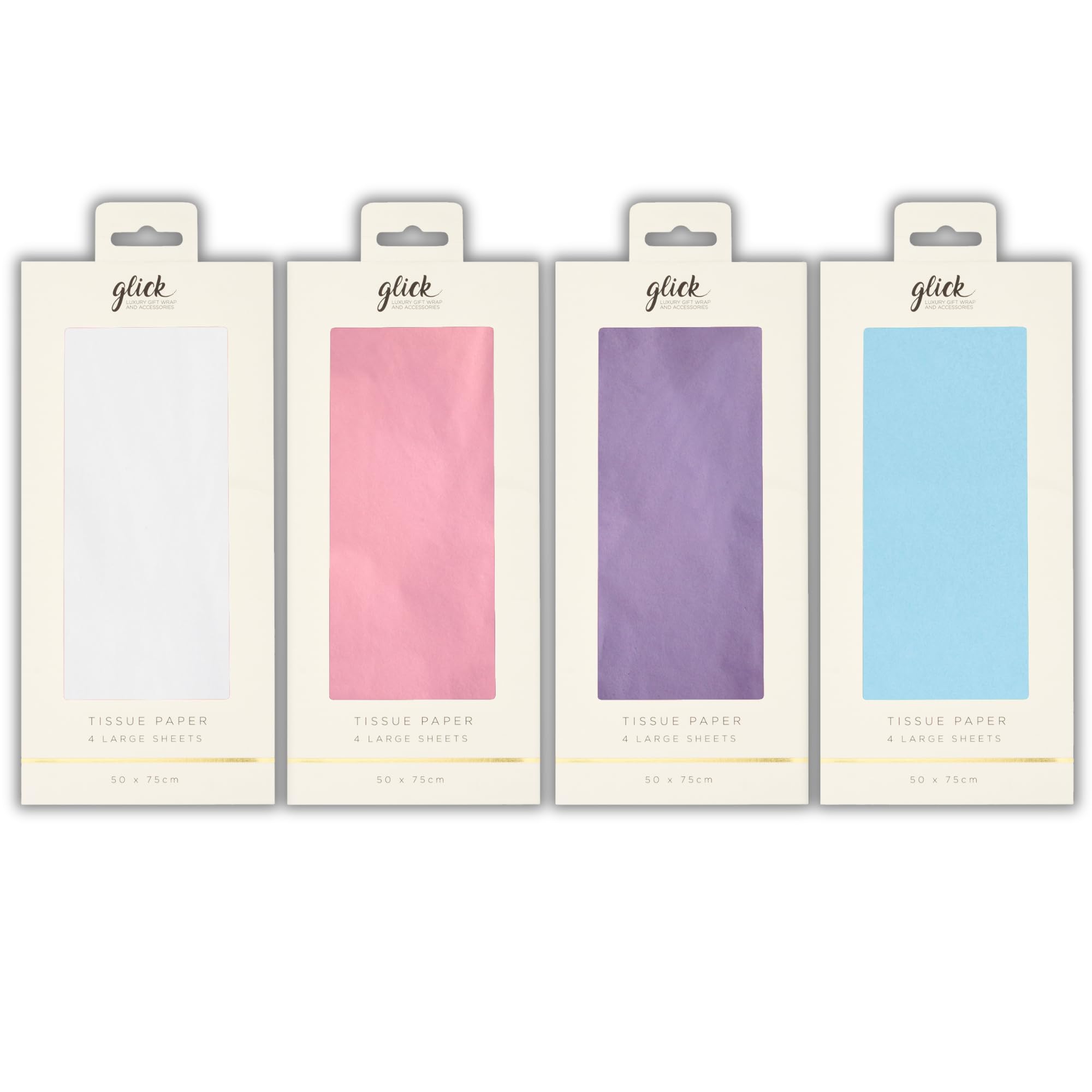 Glick - 4 Pack Pastel Tissue Bundle - Pink, White, Blue & Lilac, Great for Gift Bags, Hampers, Arts & Crafts, Birthdays and Celebrations, ea Pack 4 Sheets, 16 Sheets Total - 70 x 55 cm When Opened