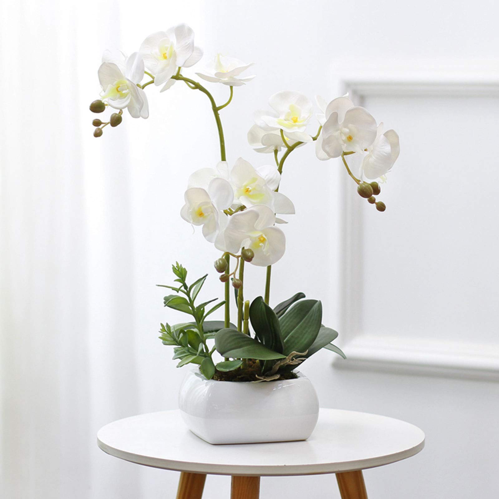 XDLEDMKIZ Artificial Flower in Pot Artificial Orchid Flowers Fake Faux Orchid Arrangement with White Vase Artificial Bonsai Potted Flowers Phalaenopsis in Vase for Home W