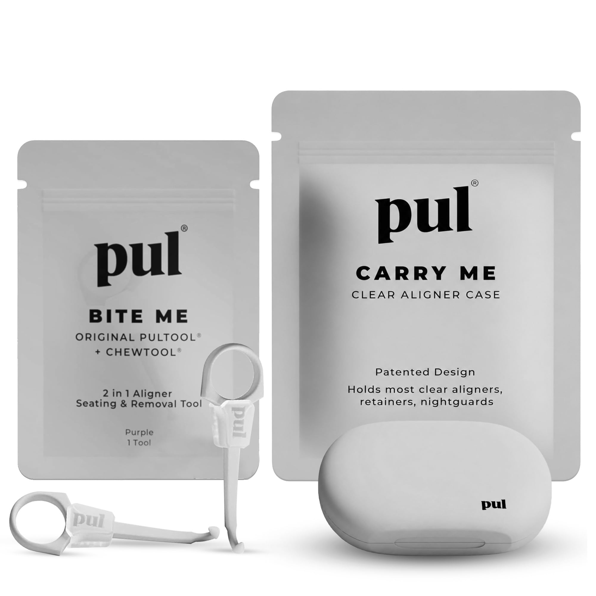 PUL Aligner Care Convenience Kit – Case + 2-in-1 Tool for Invisalign, Retainers, Partial Dentures, Mouth &amp; Night Guards &amp; More – White Case &amp; 2-Pack of White Aligner Seating Chewie &amp; Removal Tool