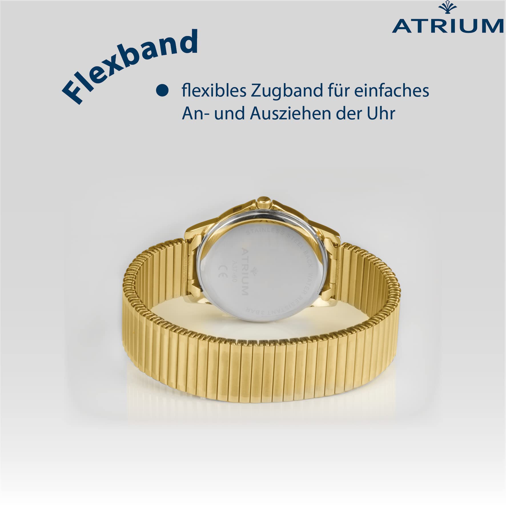 Atrium Damen-Armbanduhr Analog Quarz mit Edelstahl Zugband Flexband Goldfarben A37-60
