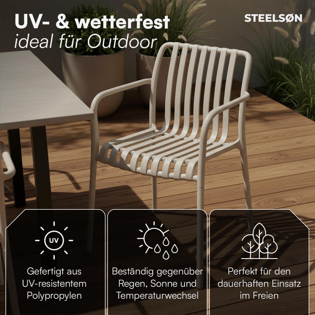STEELSØN Pincoya Gartenstühle 4er Set – Outdoor Loungesessel Taupe – stapelbarer Balkonstuhl wetterfest & UV-beständig – Gartensessel aus Kunststoff bis 120 kg – Armlehnenstuhl Garten/Balkon/Terrasse