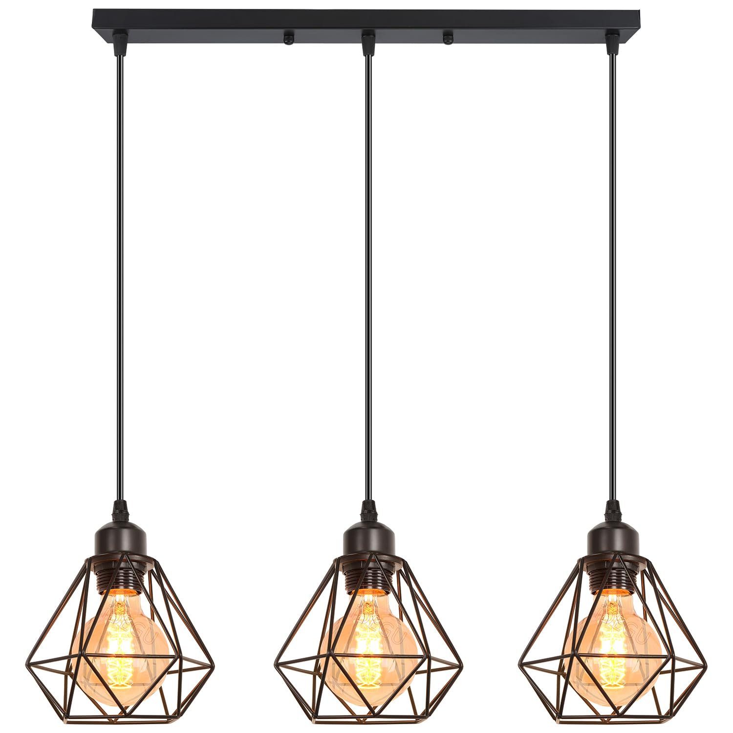 Idegu 16Cm, Pendant Light, Black, 3-Light, Strip 3 Lights Vintage Ceiling Pendant Light Fitting, Geometric Cage Style E27 Industrial Metal Chandelier Lamp Shade For Bedroom Living Room Dining Room, Black, Ø 16Cm (3-Light 50Cm Bar)