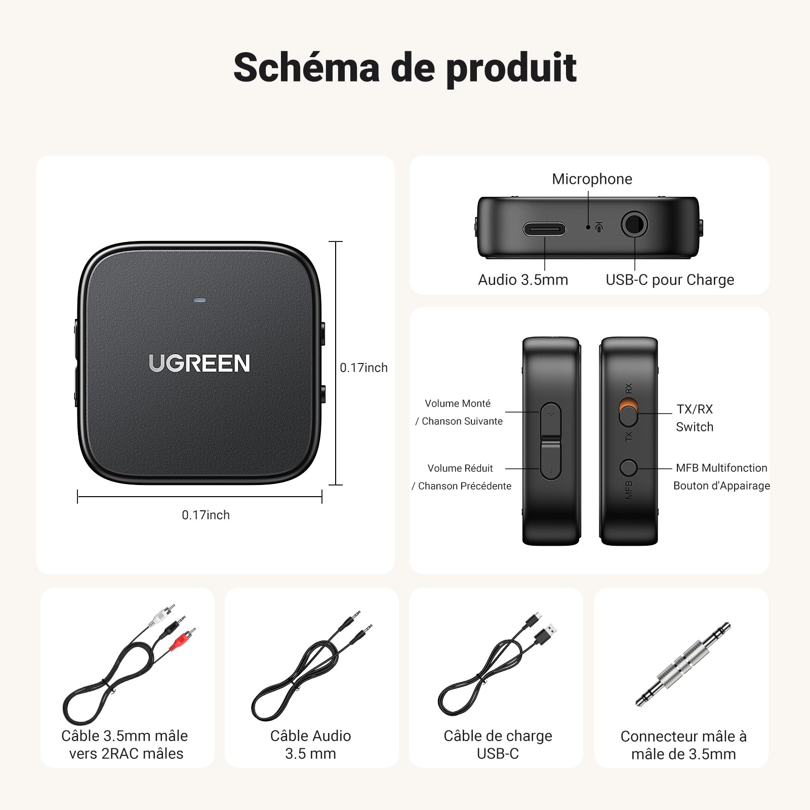 UGREEN 2 en 1 Transmetteur Récepteur Bluetooth 5.2 Émetteur pour TV Adaptateur Bluetooth Jack 3.5mm RCA Récepteur Audio pour Casque Écouteurs Haut-Parleur Enciente Stéréo Voiture
