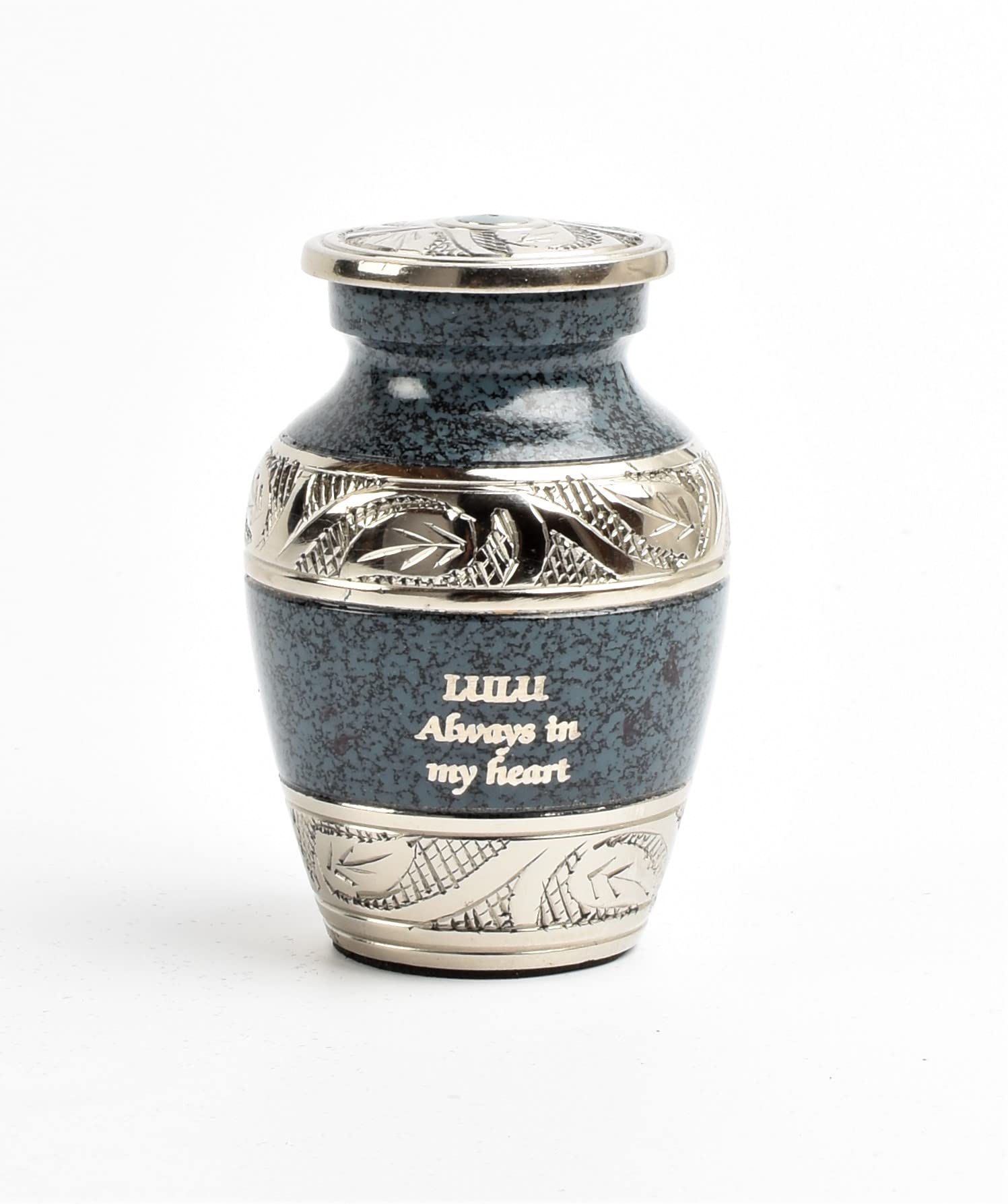 Small Keepsake Urn for Human & Pet Ashes – 3" Memorial Container With Velvet Presentation Gift Box - Capacity 7 Teaspoons - Handcrafted in Metal Aluminium Brass (Grey- Text Engraved)