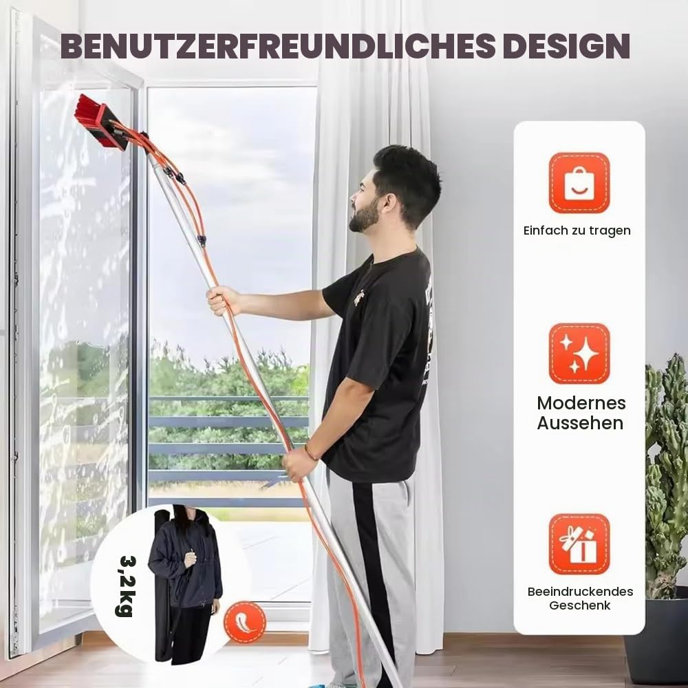 10m wasserführende Teleskopstange mit 55cm Flex-Bürstenkopf | 180° verstellbar | inkl. 20m Frostschutzschlauch & Zubehör,Mit Aufbewahrungstasche | Für Solaranlagen, Fenster, Wohnmobile, LKW, Boote