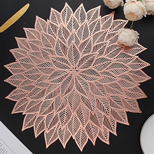 Mabbcoo Placemats Set of 6, Round Hollow Out Flowers Place Mats for Dining Table Pressed Vinyl Blooming Leaf Table Mats for Holiday Party Wedding Accent Centerpiece Dinner Table Decoration (Rose Gold)
