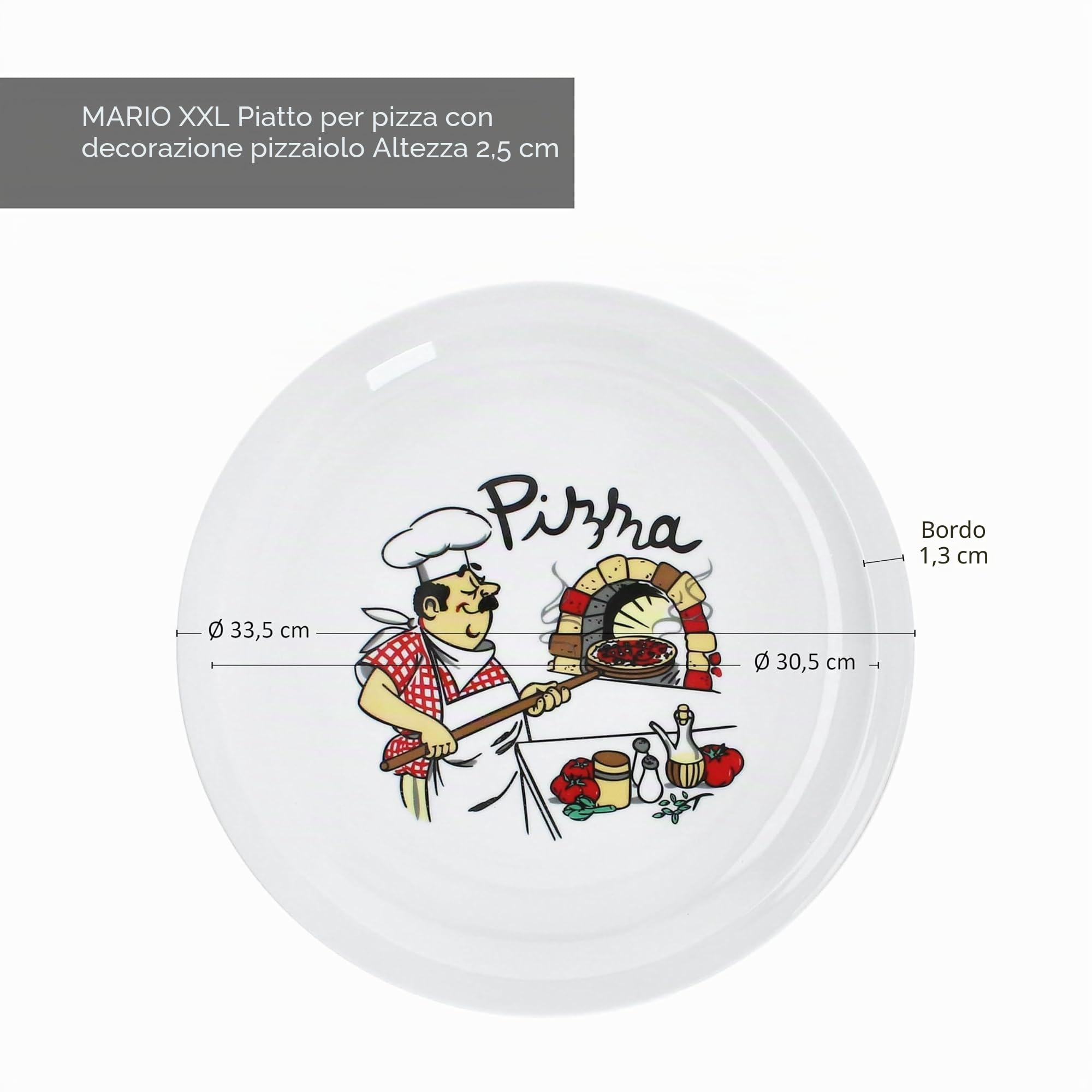 MamboCat Set di 6 piatti per pizza Mario XXL, Ø 33,5 cm, per 6 persone, grandi piatti per pizza bianchi in porcellana con motivo pizzaiolo, per pizze o per impiattare, grandi piatti da portata