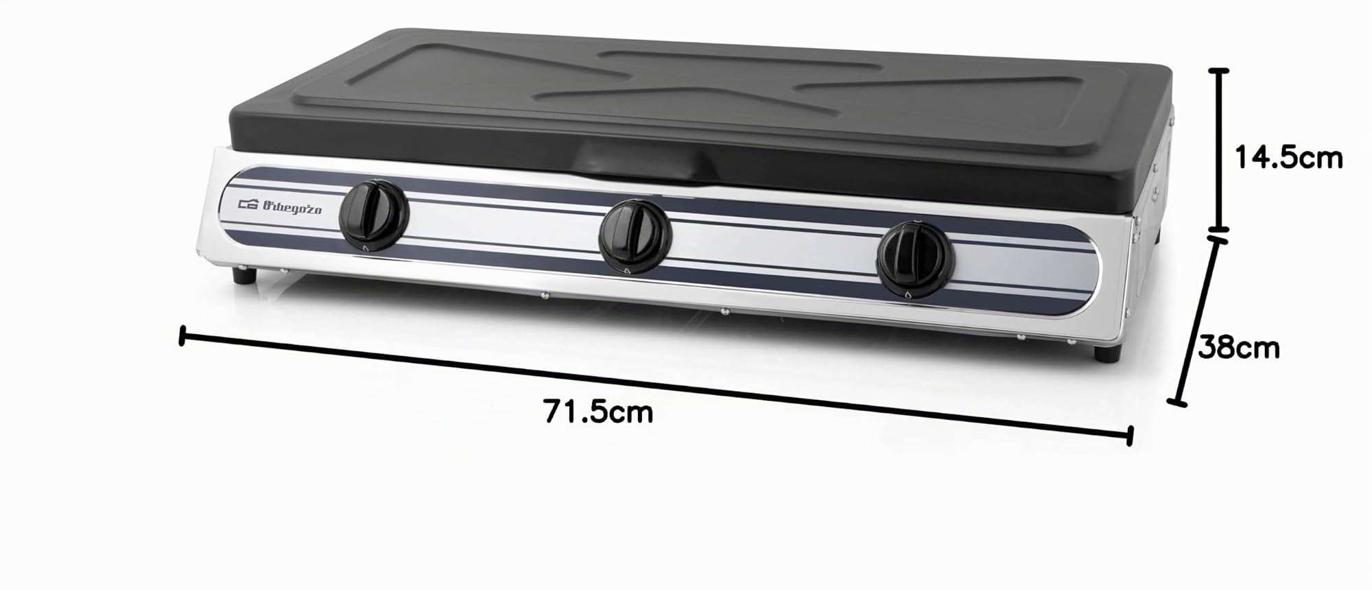 Orbegozo FO 3500 Réchaud à gaz en acier inoxydable, gaz butane ou propane, allumage piézoélectrique, deux brûleurs à triple couronne et un petit brûleur, usage extérieur
