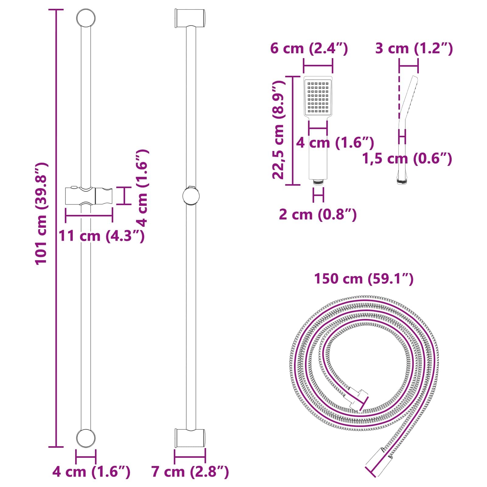 Sistema de ducha negro de acero inoxidable de 100 cm para montaje en pared, altura regulable con rotación de 360 grados, alcachofa de ducha, manguera y soporte para baño sanitario