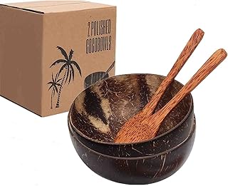 Natural Coconut Bowls for Smoothies, Acai, Buddha Bowl, Salads, Soup and Snacks- Set of 2 Carved and Polished Coconut Shel...