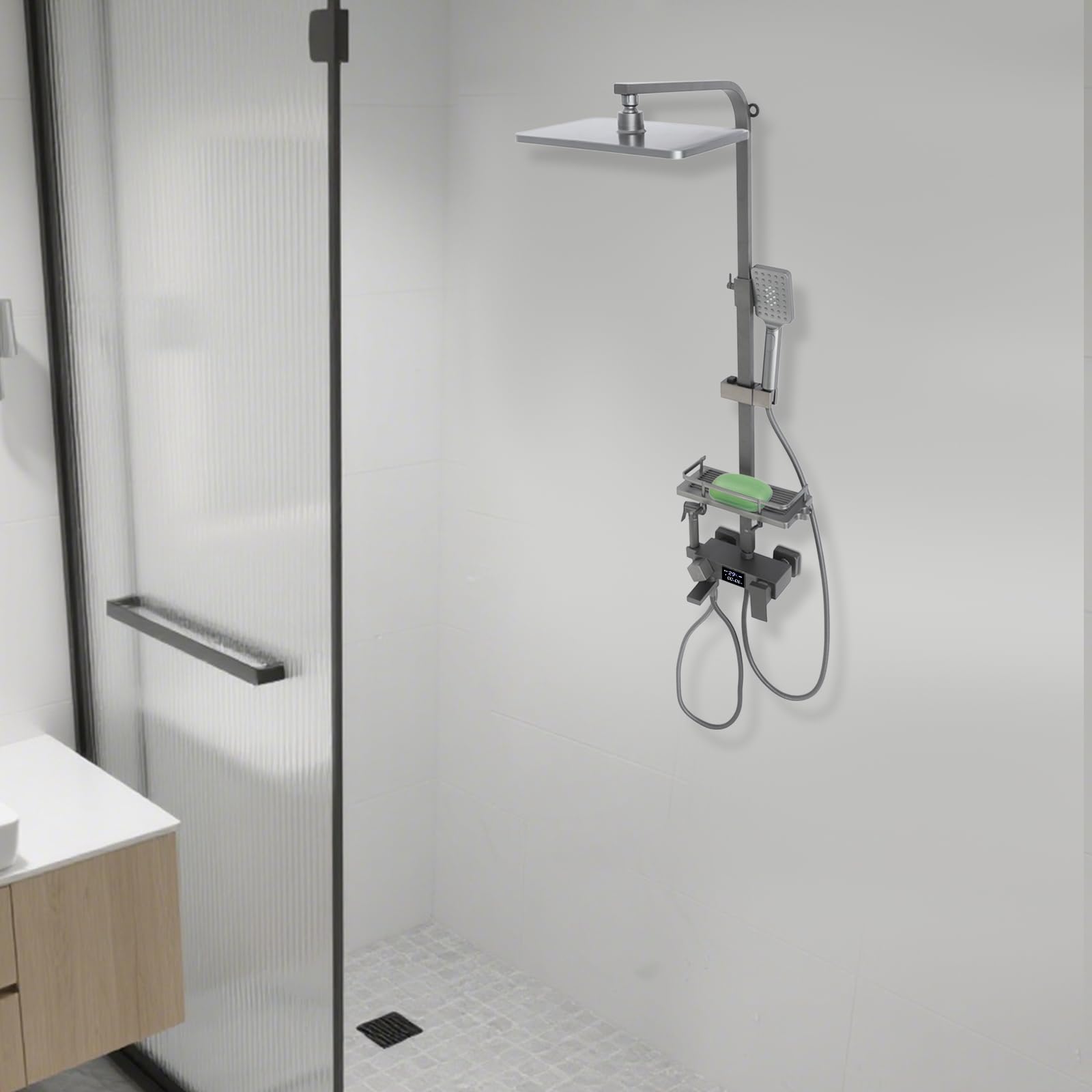 Kompletny zestaw z ekranem LED, zestaw prysznicowy z deszczownicą, czarna, energooszczędna głowica prysznicowa, ceramiczna wkładka zaworowa, system prysznicowy, drążek prysznicowy z regulacją