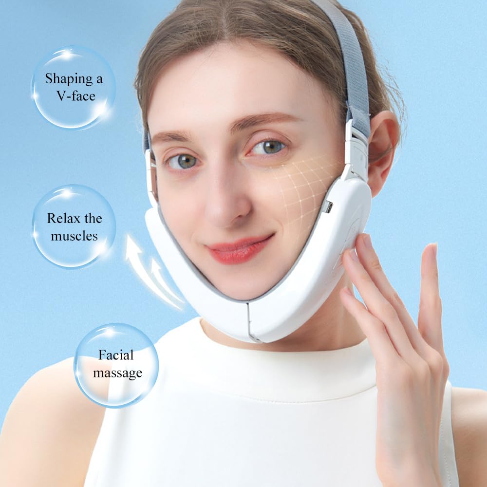 MAOYING Masajeador Eléctrico Moldeador Facial en V + 2 Pares de Almohadillas de Gel, Dispositivo Anti-Arrugas Cuello & Reafirmante, Tecnología EMS de Microcorriente Mejorada, 6 Modos Reafirmantes