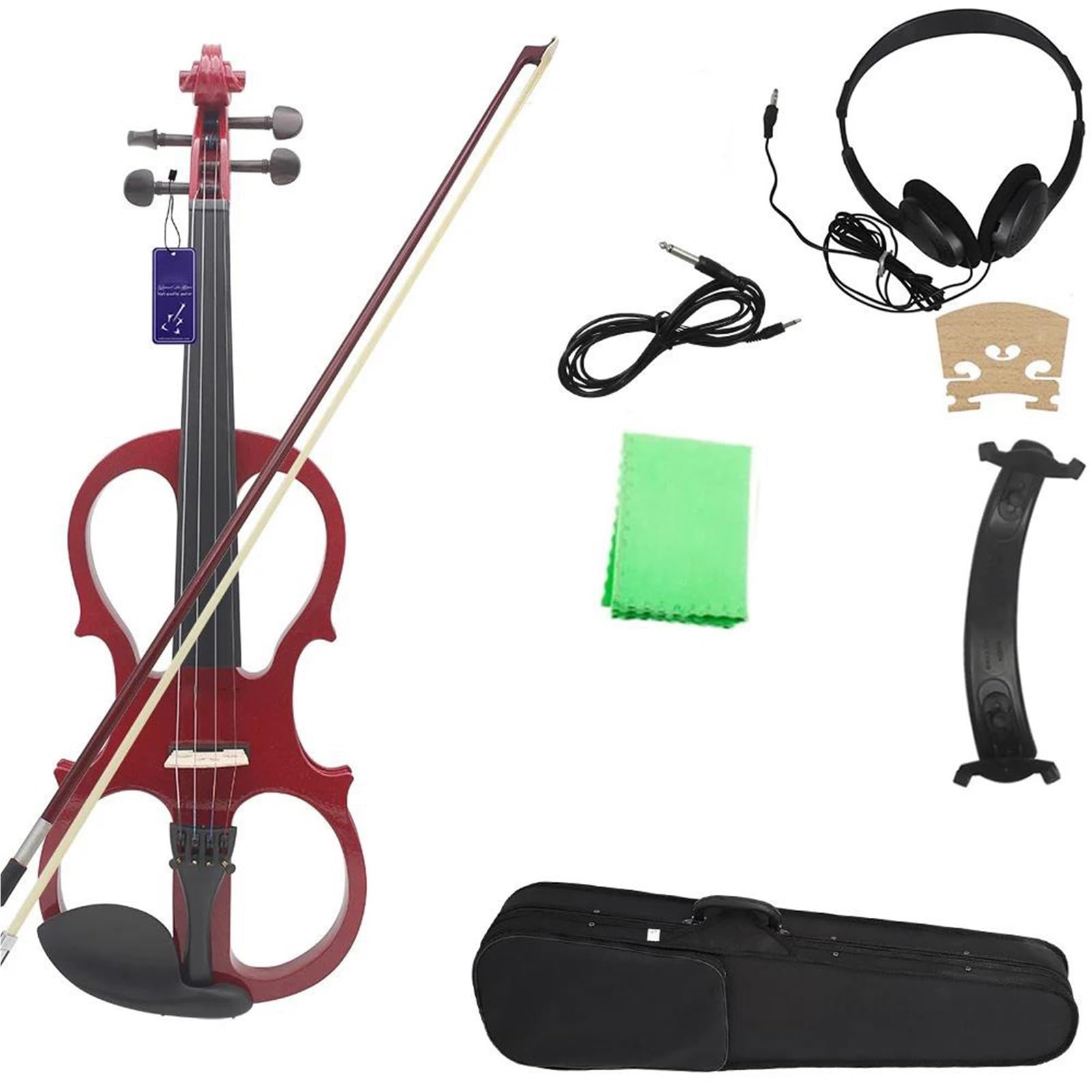 Violin Set Violon Électrique 4/4 Corps En Érable Silencieux Avec Étui À Nœud Câble De Connexion Pour Casque Pièces De Violon(Red)