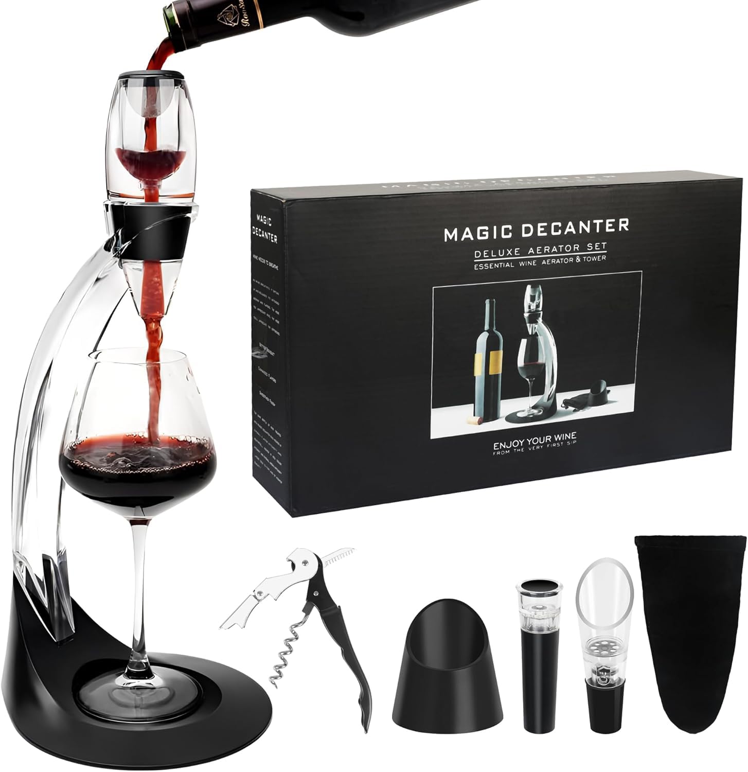 Gimars Aeratore per Vino Rosso,Ossigenatore Decanter con Supporto per Vino,Aerazione Istantanea per Vino,Set di Accessori da Vino con Tappi Versatore Cavatappi,Decanter del Vino con Filtro
