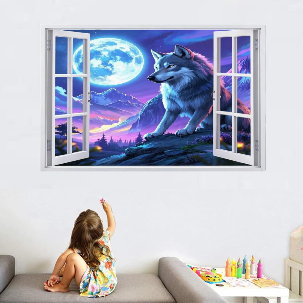 Wandtattoo Aufkleber Wandbild Wolfsmond Mauerloch 3D Durchbruch Effekt Wandsticker Nachtlandschaft Wandaufkleber Wanddeko fürs Wohnung Wohnzimmer Schlafzimmer Bad Kinderzimmer Tapeten Deko
