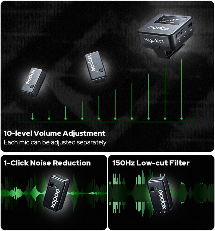 Godox Magic XT1 Wireless Lavalier Mic System - 2.4G Transmission, 50m Range, Omnidirectional Lapel Mic, Plug-and-Play, 10-Hour Battery, Compatible with Cameras, Smartphones & Recorders