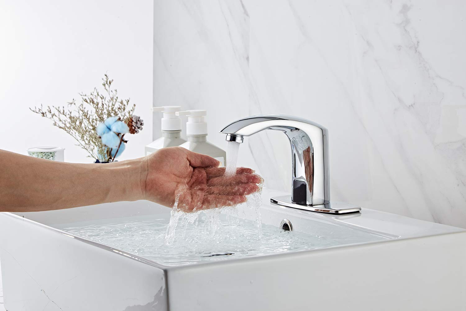 Grifo automático sin Contacto para Lavabo de Cocina y baño con Placa de Cubierta cromada, Grifo de baño con Caja de Control y Mezclador de Temperatura con desagüe emergente con rebosadero.