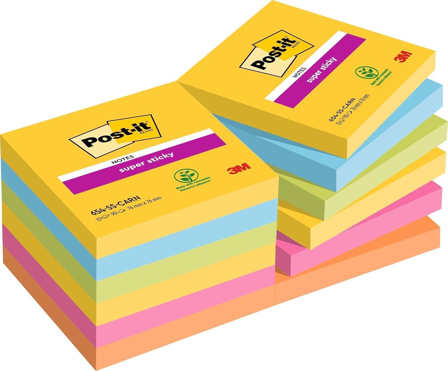 Post-it Super Sticky Notes Carnival Collection, Vorteilspackung mit 12 Blöcken, 90 Blatt pro Block, 76 mm x 76 mm, Gelb, Blau. Grün, Pink. Orange - Extra-stark klebende Notizzettel
